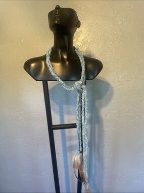 Light Blue Braided Rope Scarf with Feather Tassel